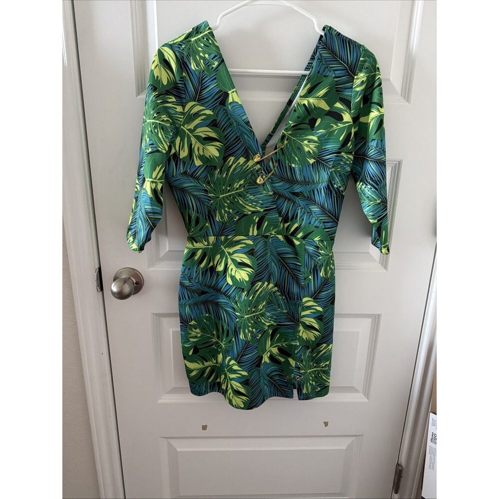 The Moon Jungle Palm dress Size M Gold Plated Safety Pins V Neckline Brand New